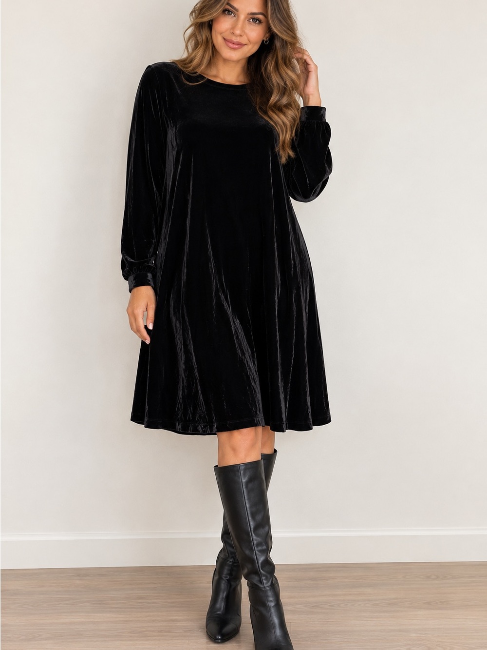 Eileen Fisher Black Velvet Silk Blend Crew Neck Dress Size M NWT